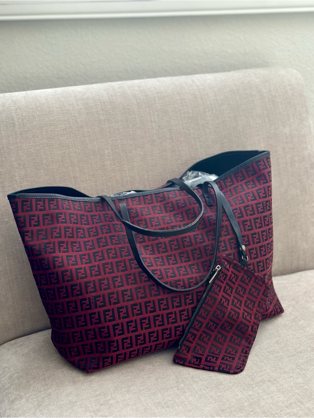 Fendi Zucca FF Roll Tote Bag Red Canvas Leather Italy w Pouch Authentic